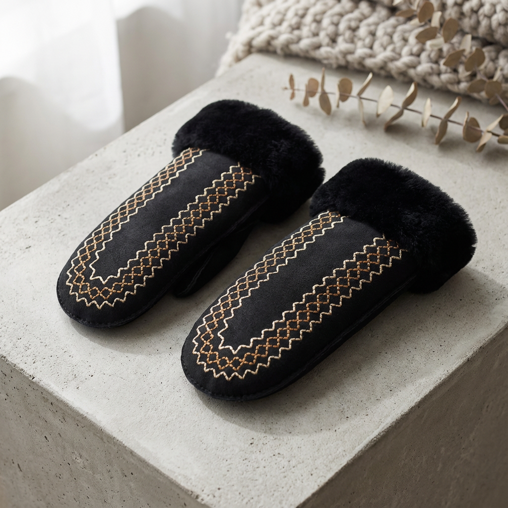 Woolsy Embroidery Mittens in Black