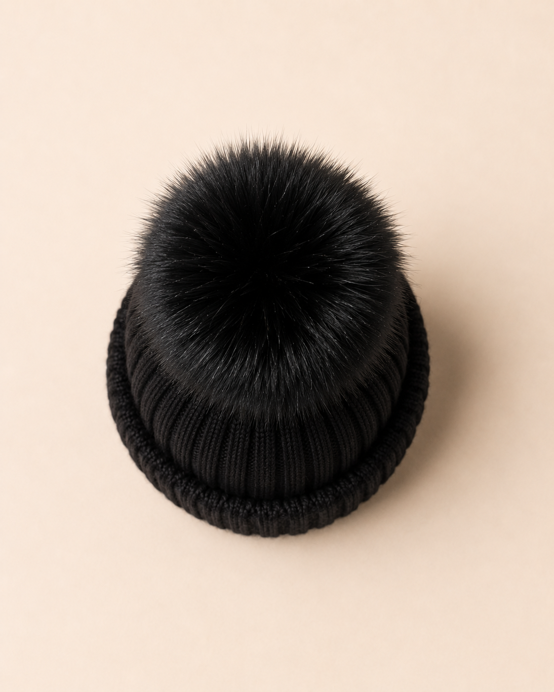 Woolsy Adult Knitted Pompom Hat - Black with Black Fox Pompom