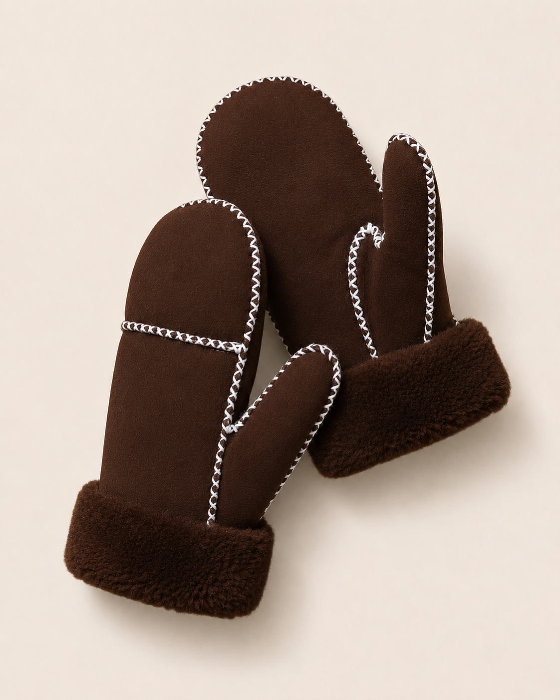 Woolsy Classic Mittens - Brown with White Stitch
