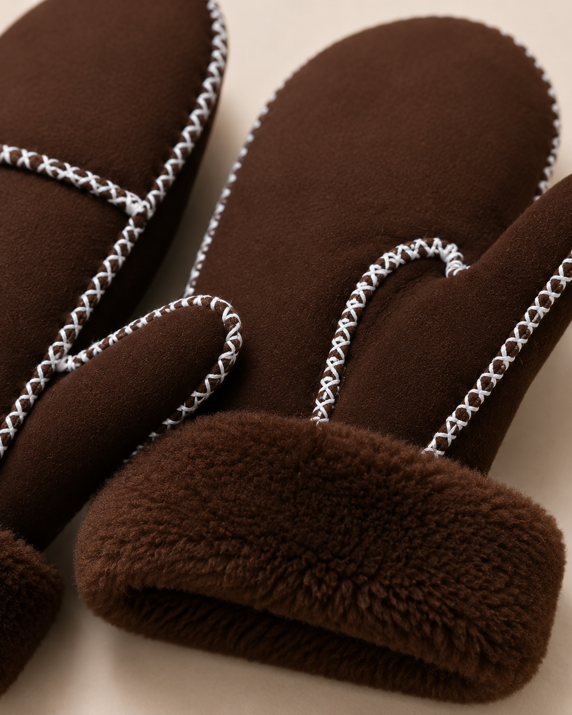 Woolsy Classic Mittens - Brown with White Stitch