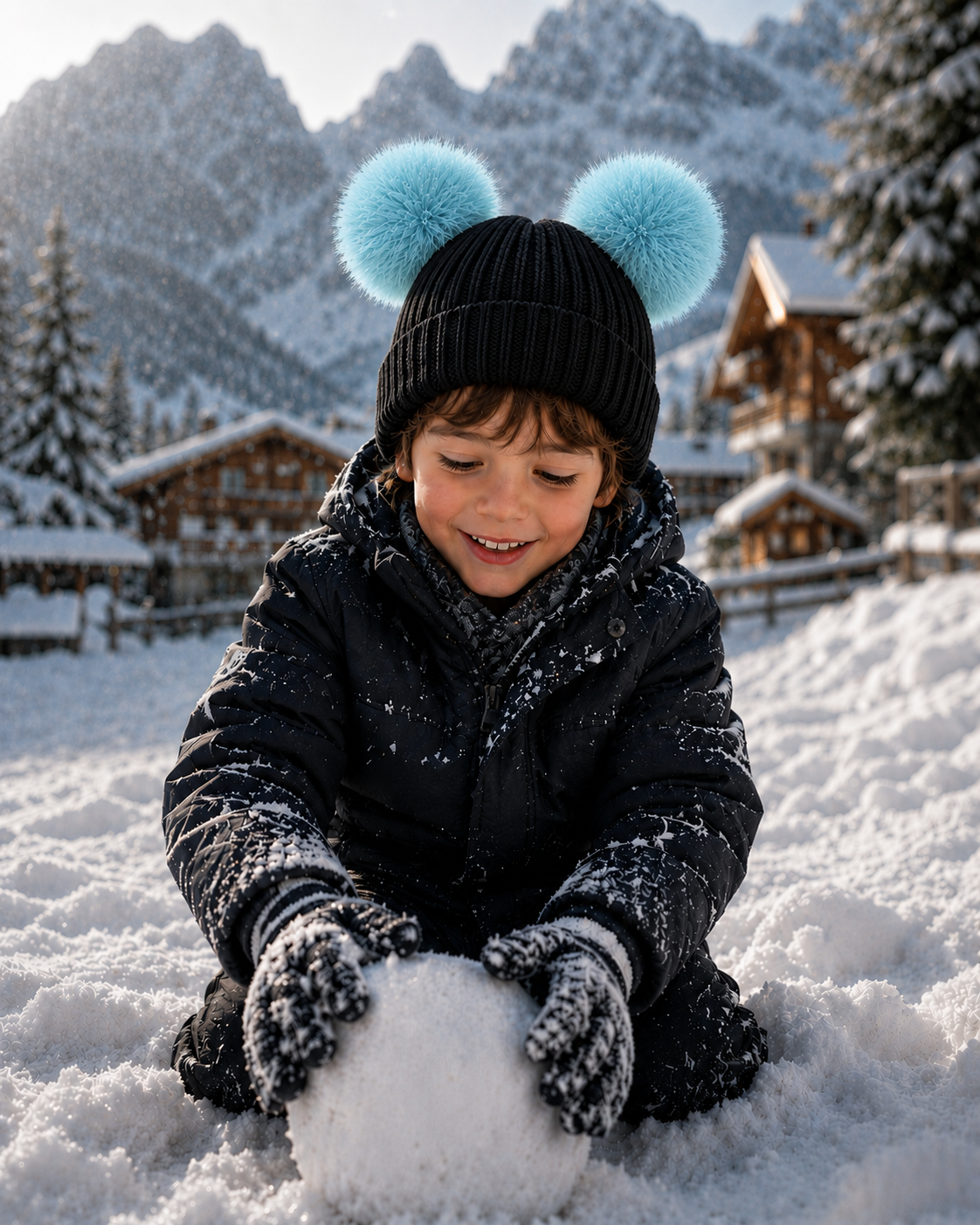 Woolsy Toddler / Kids Knitted Double Pom Pom Hat - Black with Turquoise