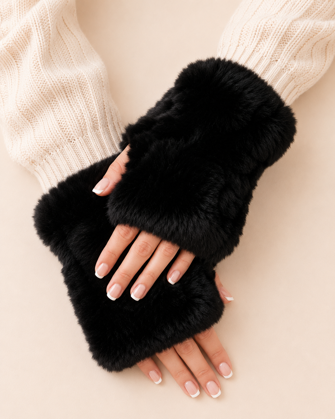 Woolsy Women's Fingerless Rex Rabbit Fur Gloves in Black
