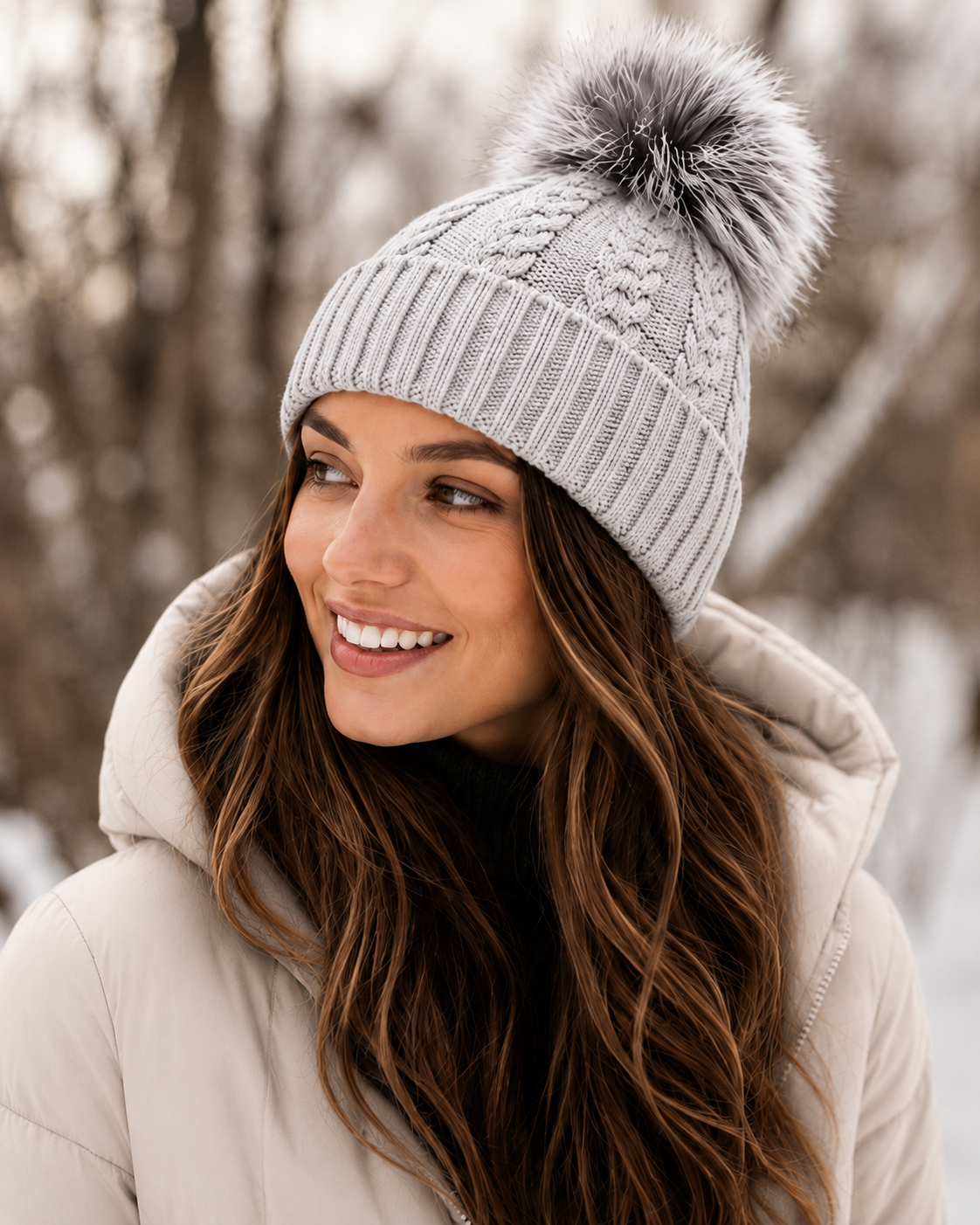 Woolsy Cashmere Wool Pompom Hat - Light Grey with Silver Fox Pompom