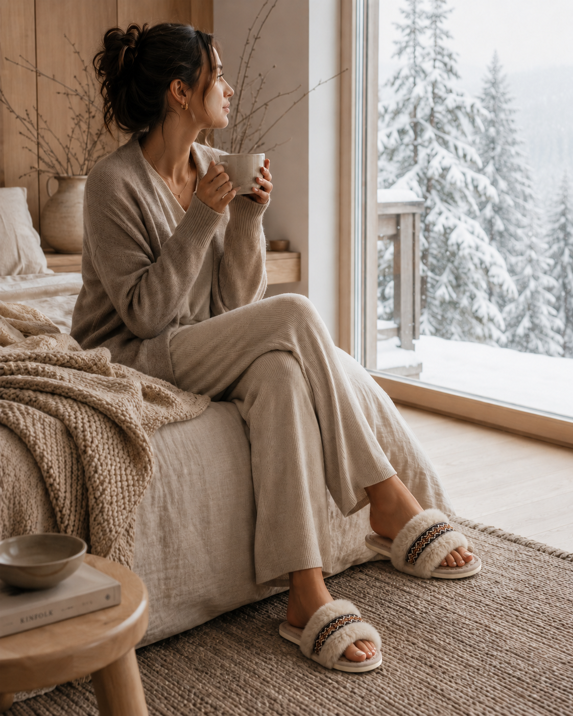 Woolsy Embroidery Shearling Slippers in Oat