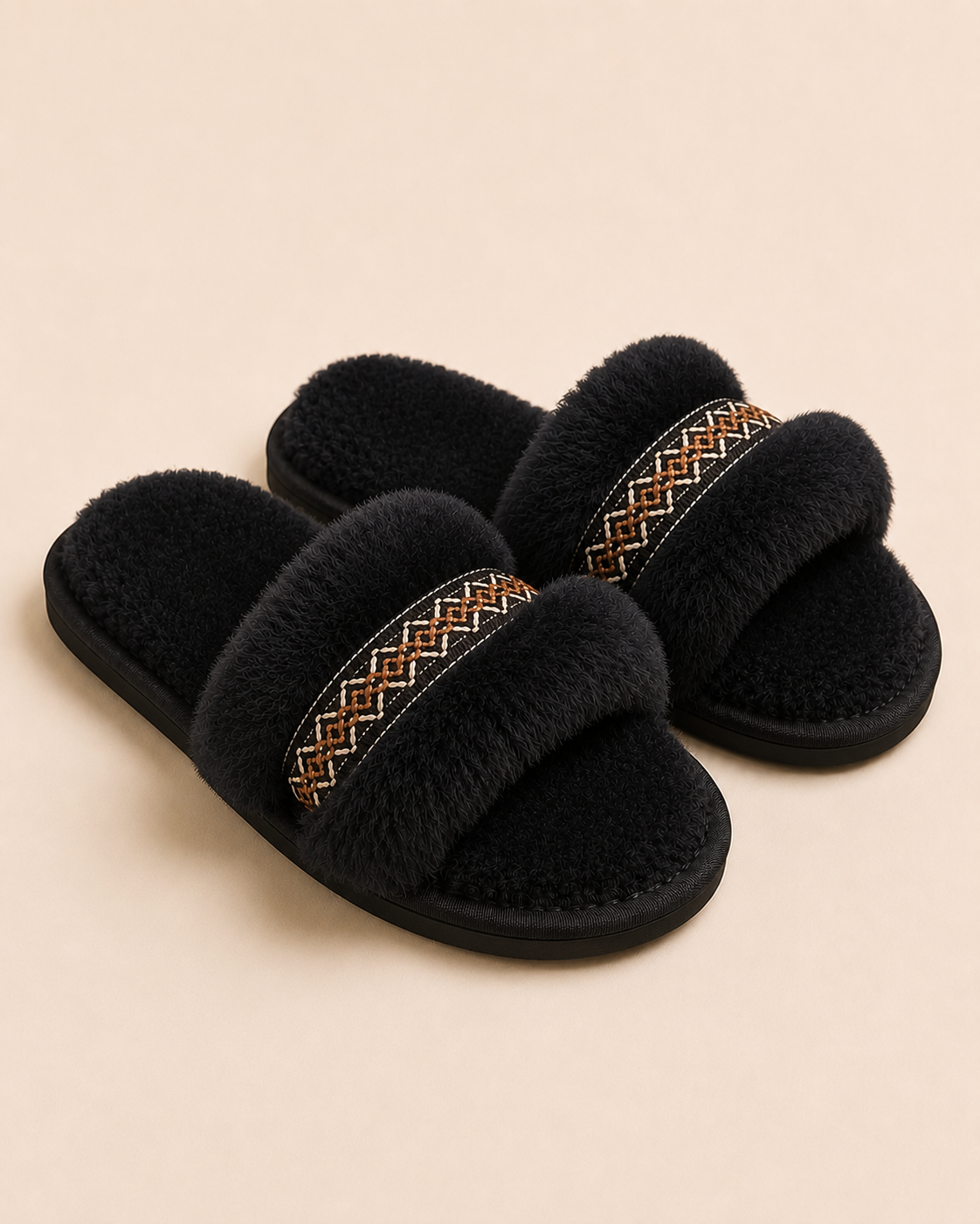 Woolsy Embroidery Shearling Slippers in Black