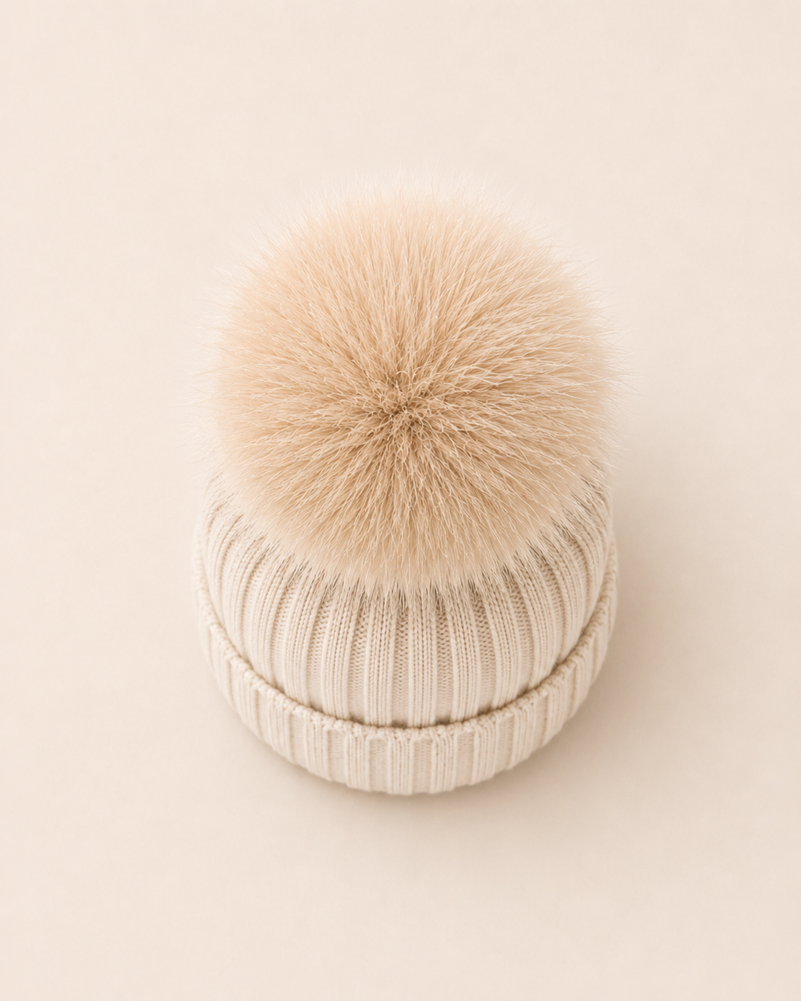 Woolsy Adult Knitted Pompom Hat Beige with Beige Fur Pompom