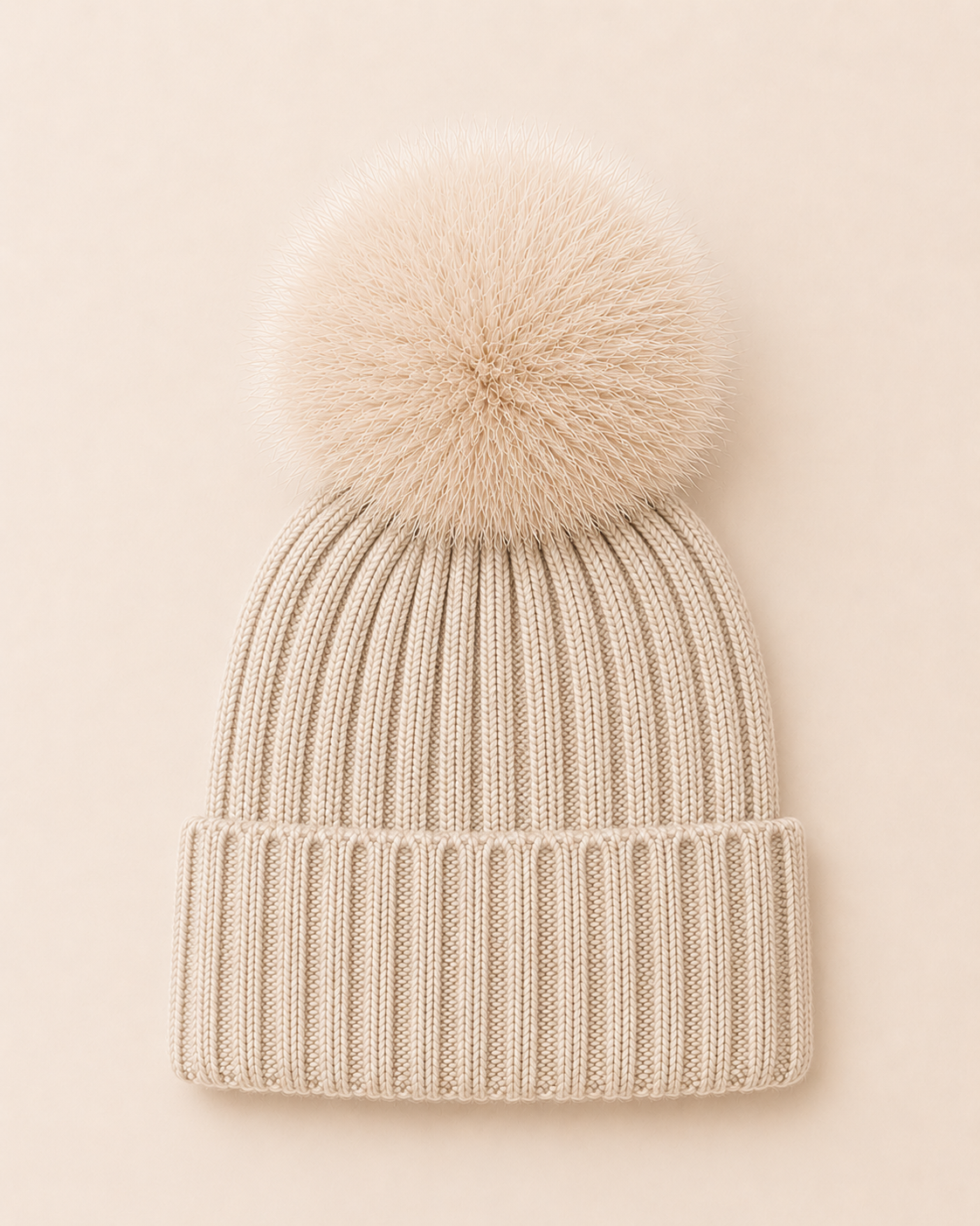 Woolsy Adult Knitted Pompom Hat Beige with Beige Fur Pompom