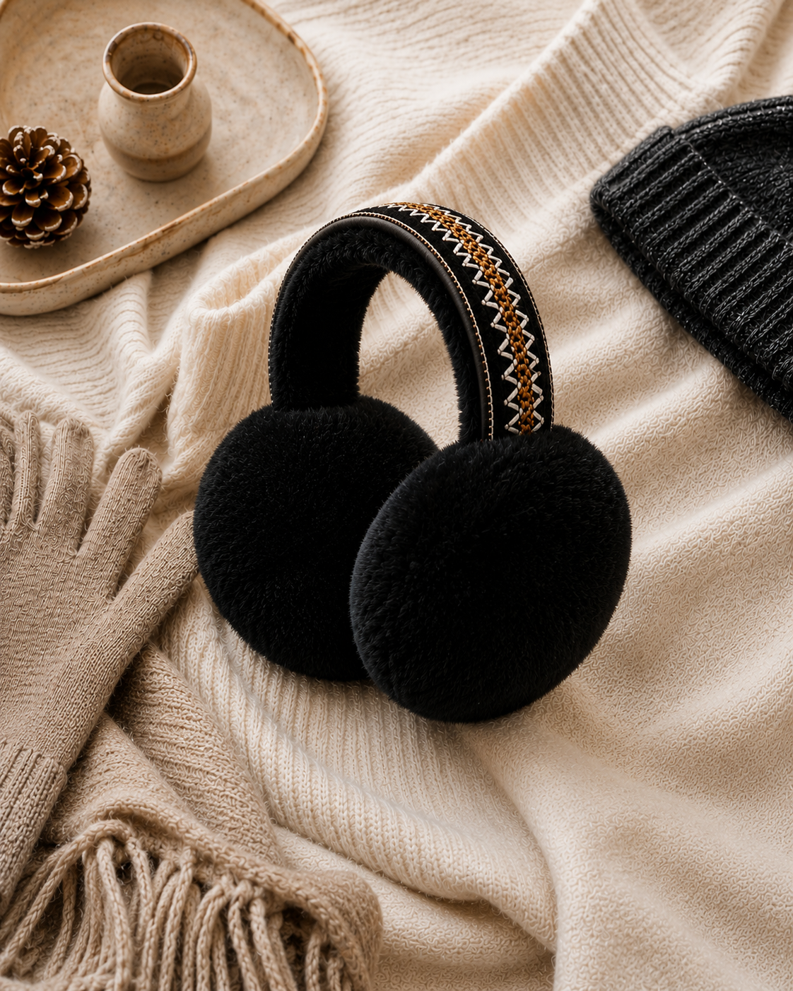 Woolsy Shearling Embroidery Earmuffs in Black