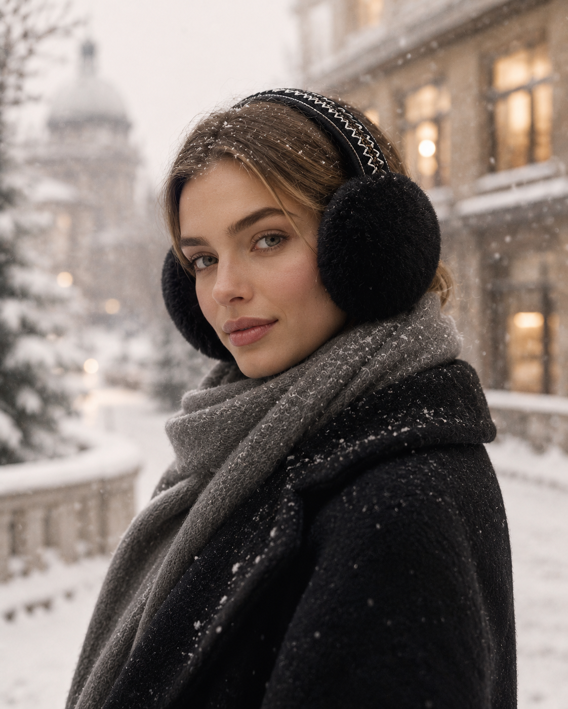 Woolsy Shearling Embroidery Earmuffs - Black