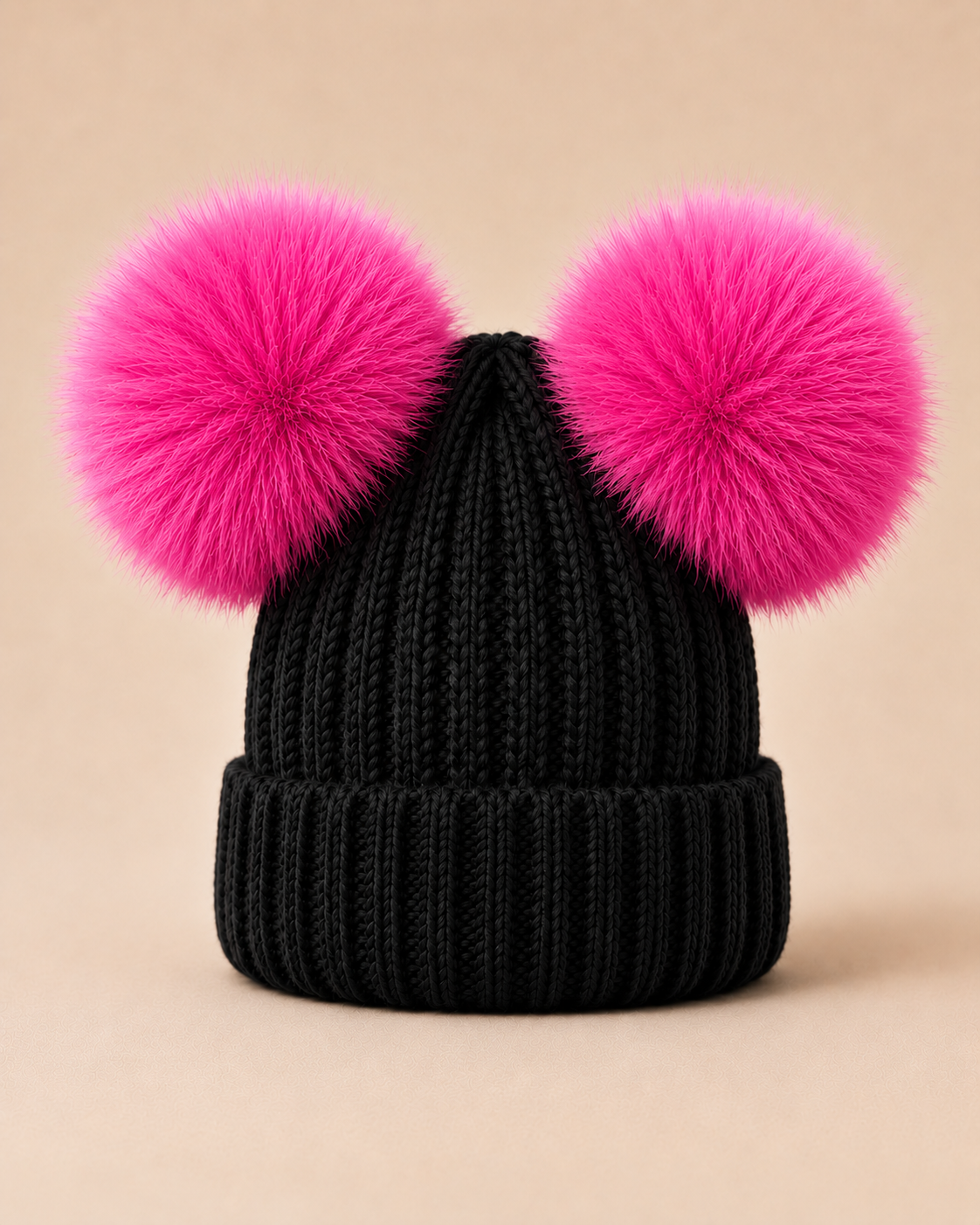 Woolsy Kids Knitted Double Pom Pom Hat - Black with Hot Pink Pompoms