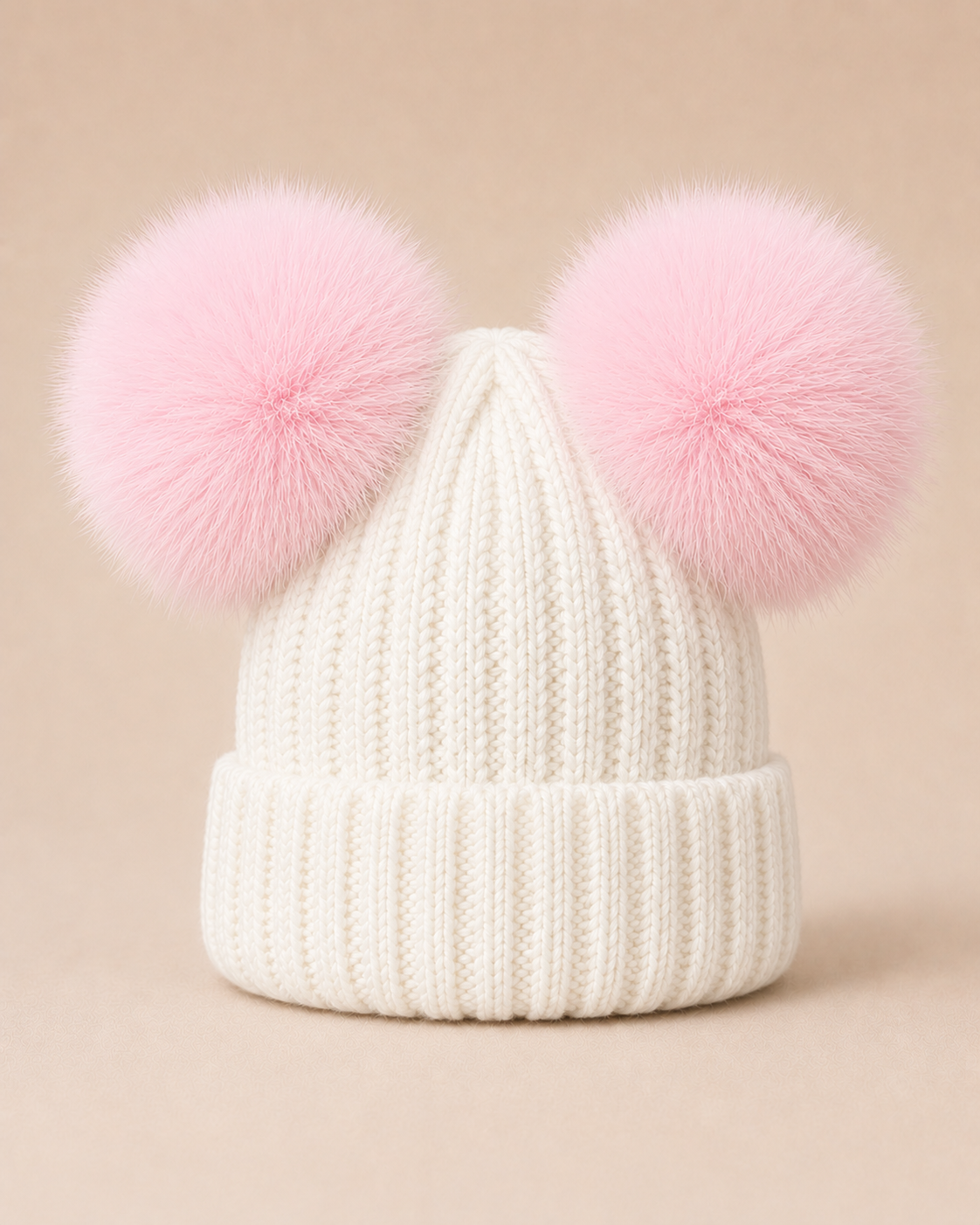 Woolsy Kids Knitted Double Pom Pom Hat - White with Light Pink Pompoms
