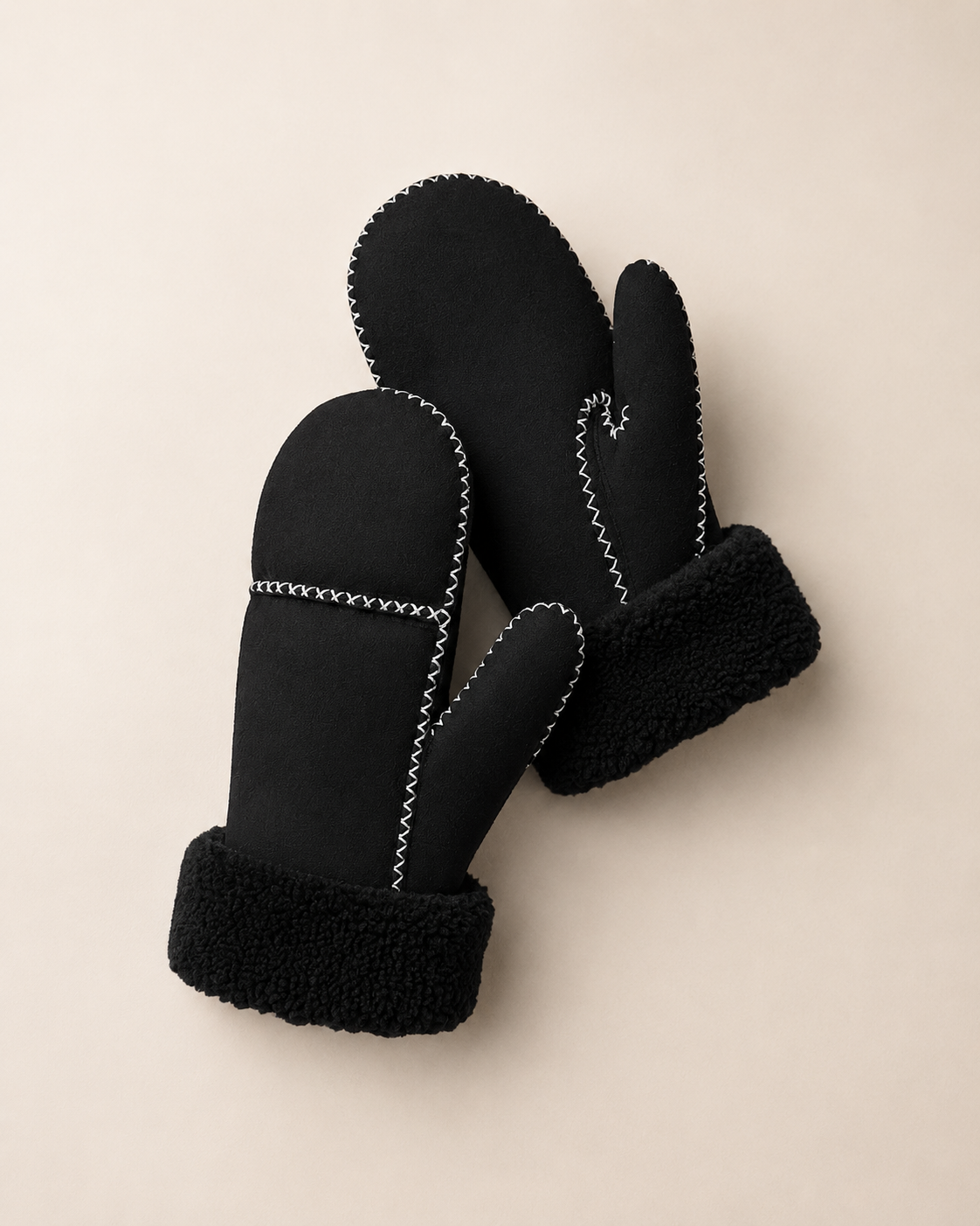 Woolsy Classic Mittens - Black / Black with White Stitch