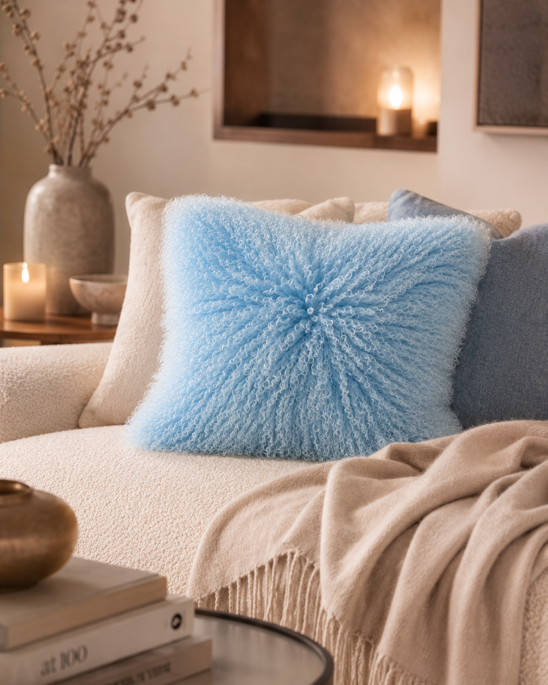 Woolsy Mongolian Sheepskin Pillow — Blue