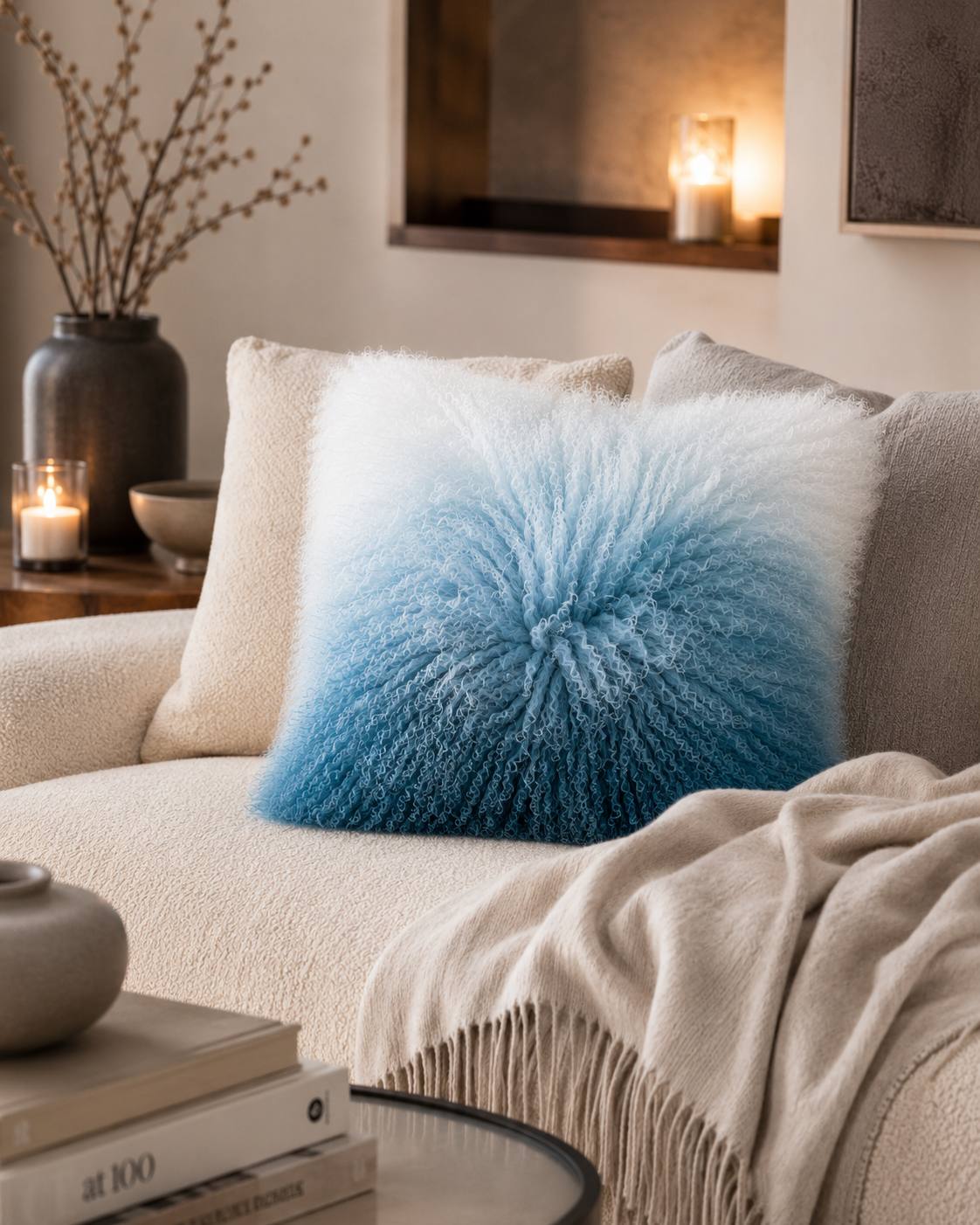 Woolsy Mongolian Sheepskin Pillow — Ombre Blue
