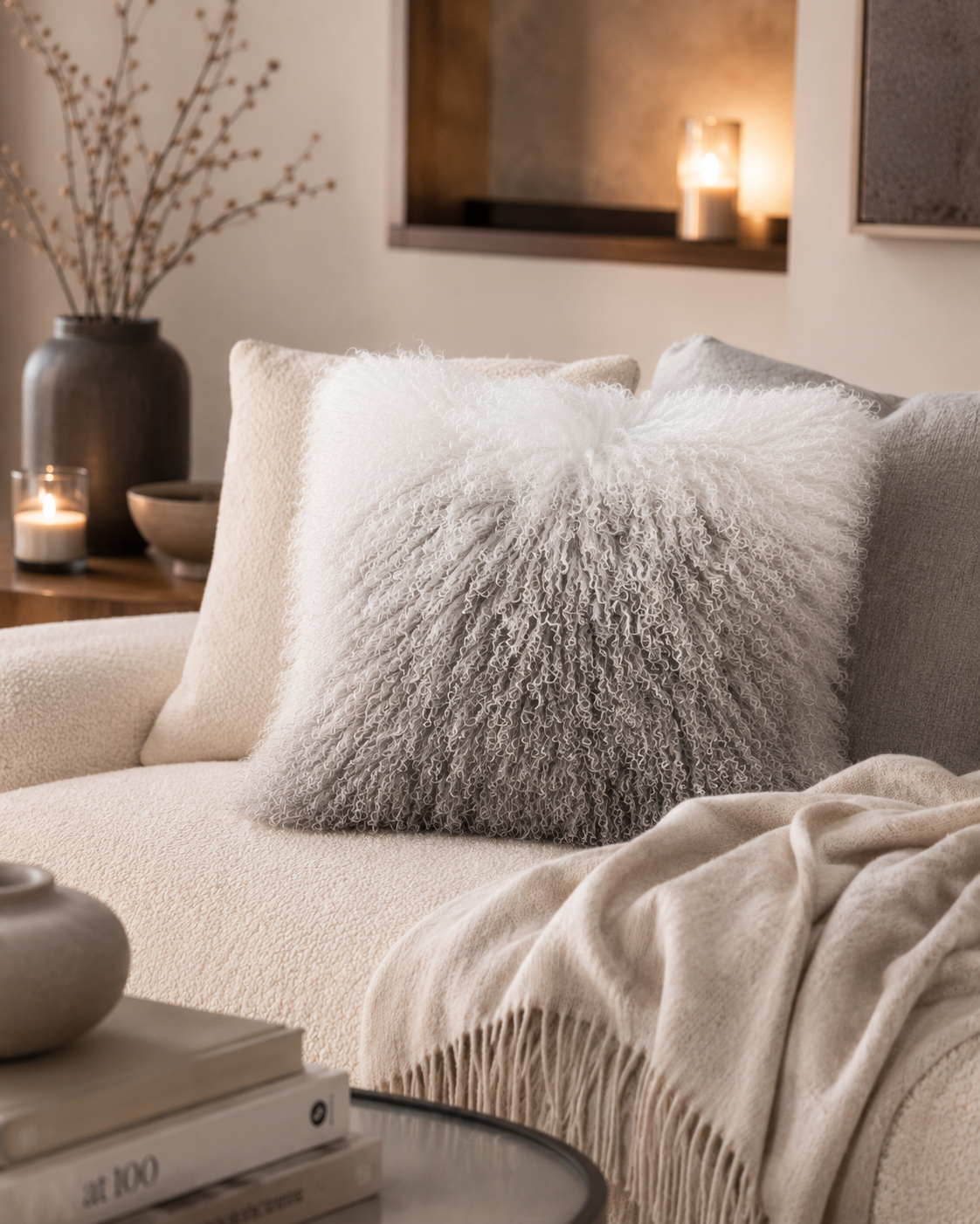 Woolsy Mongolian Sheepskin Pillow — Ombre Grey