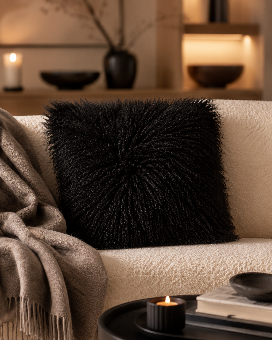 Woolsy Mongolian Sheepskin Pillow — Black