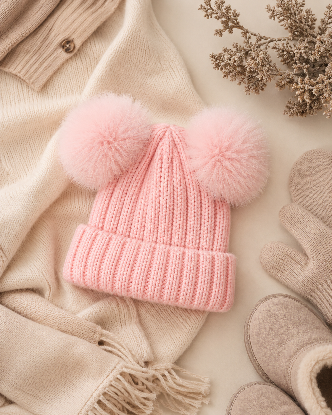 Woolsy Kids Knitted Double Pom Pom Hat - White