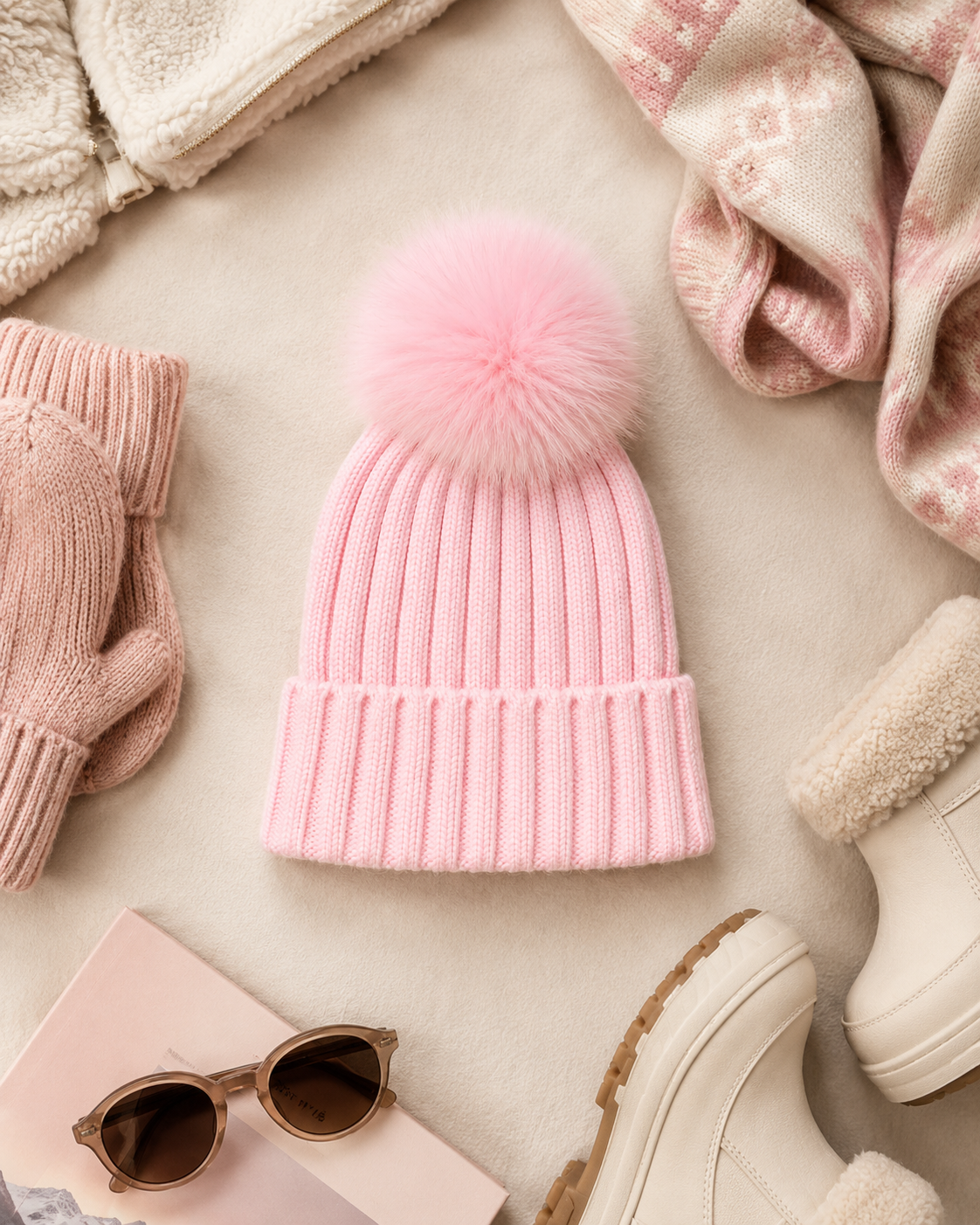 Woolsy Kids Knitted Pompom Hat — Pink with Pink Pompom