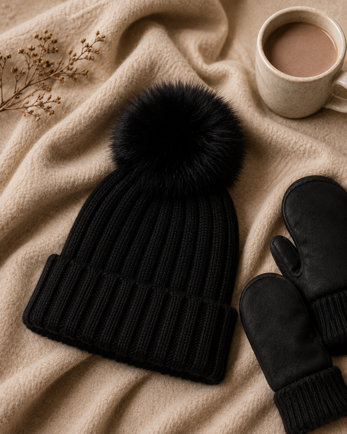 Woolsy Adult Knitted Pompom Hat - Black with Black Fox Pompom