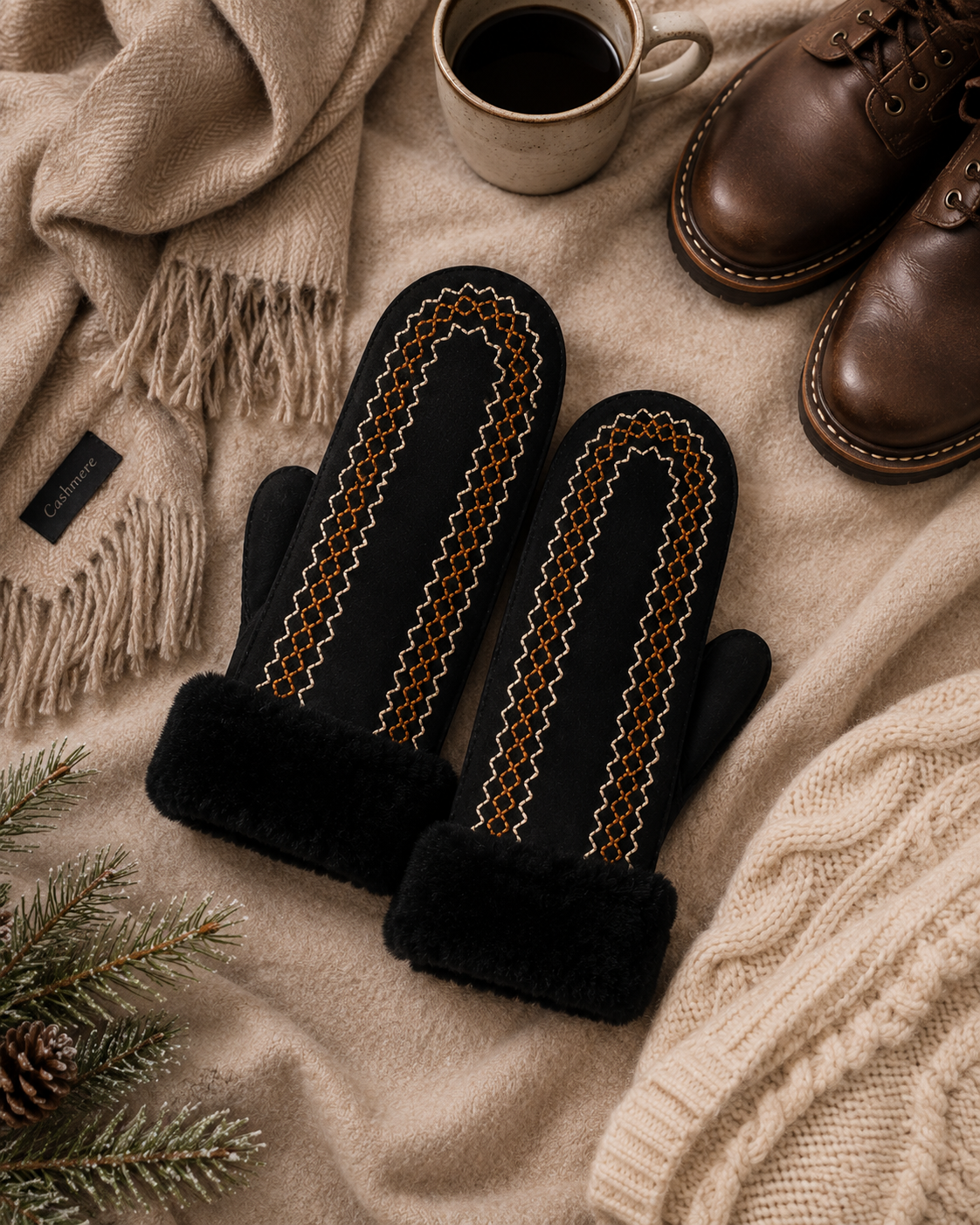 Woolsy Embroidery Mittens in Black