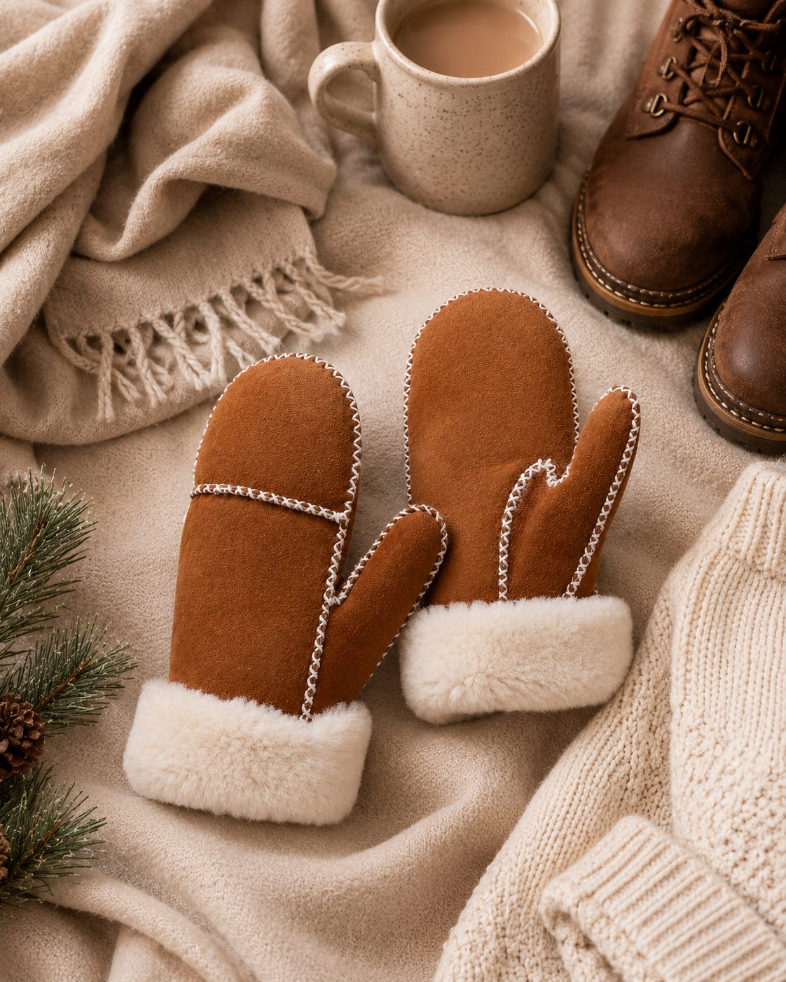 Woolsy Classic Mittens - Chestnut / White with White Stitch