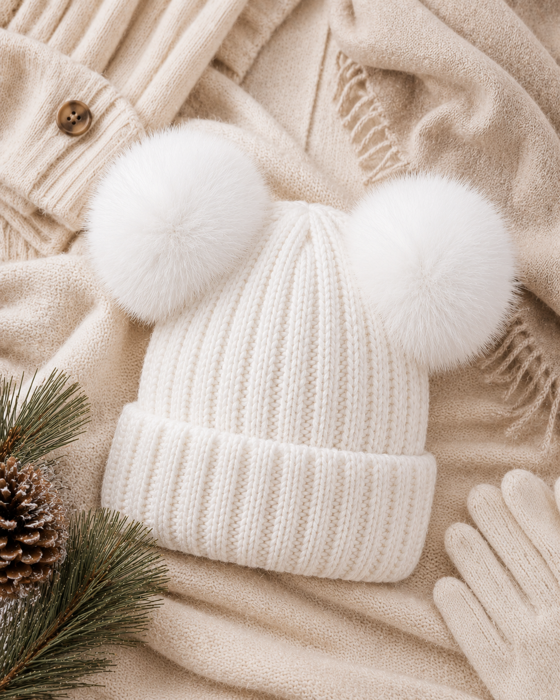 Woolsy Toddler / Kids Knitted Double Pom Pom Hat - White with White