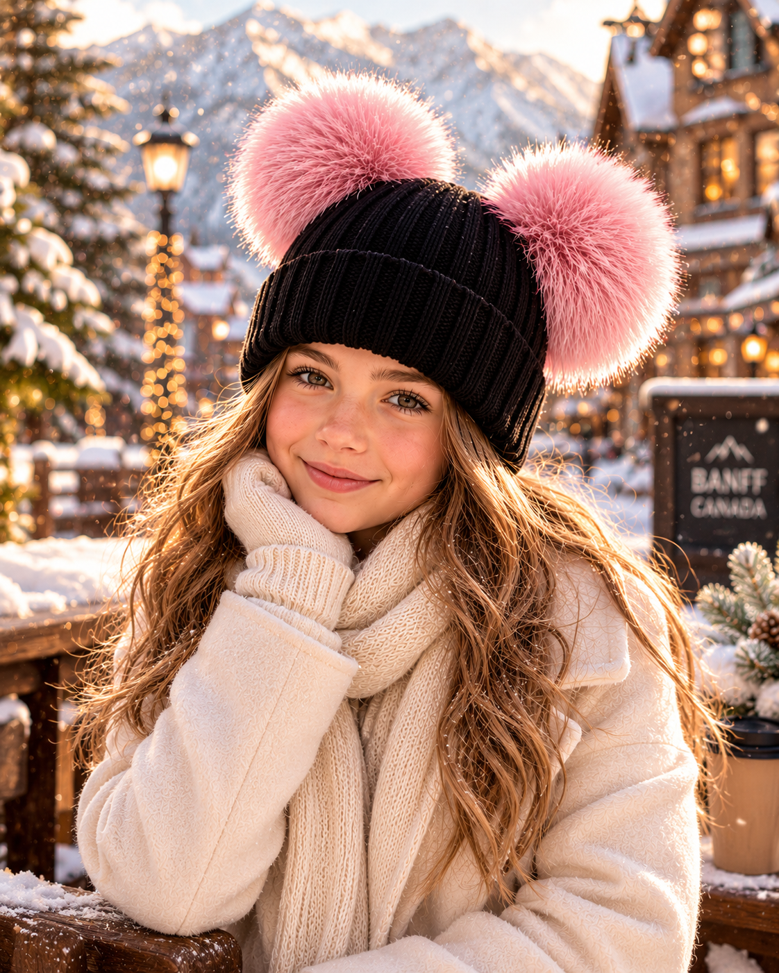 Woolsy Kids Knitted Double Pom Pom Hat - Black with Light Pink Pompoms