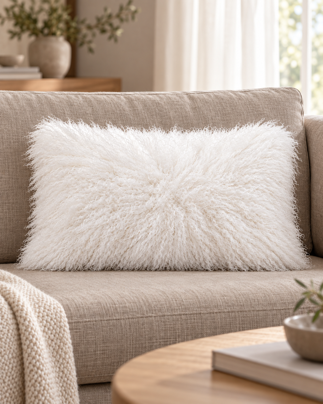 Woolsy Mongolian Sheepskin Cushion in White