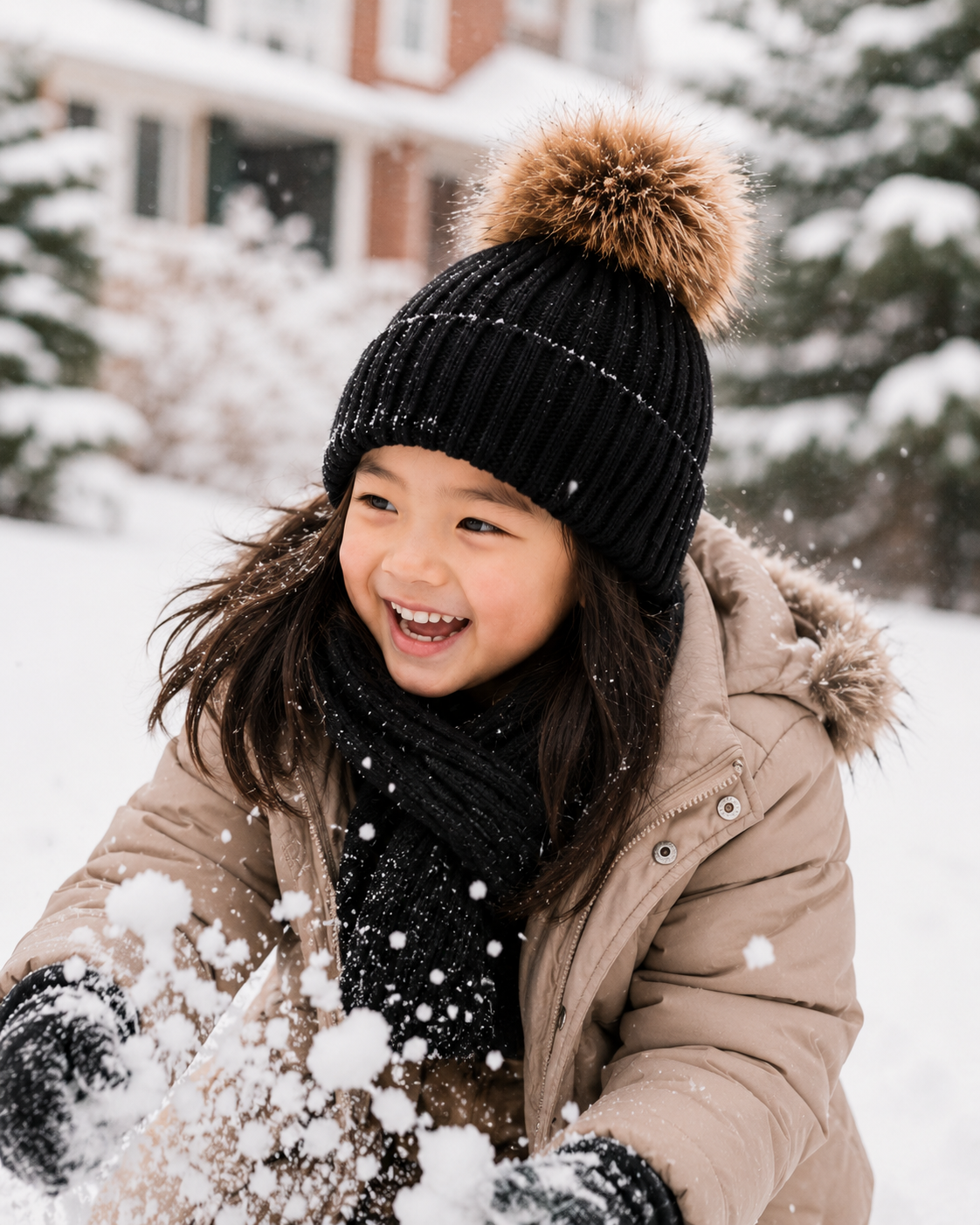 Woolsy Kids Knitted Pompom Hat - Black with Fur Pom