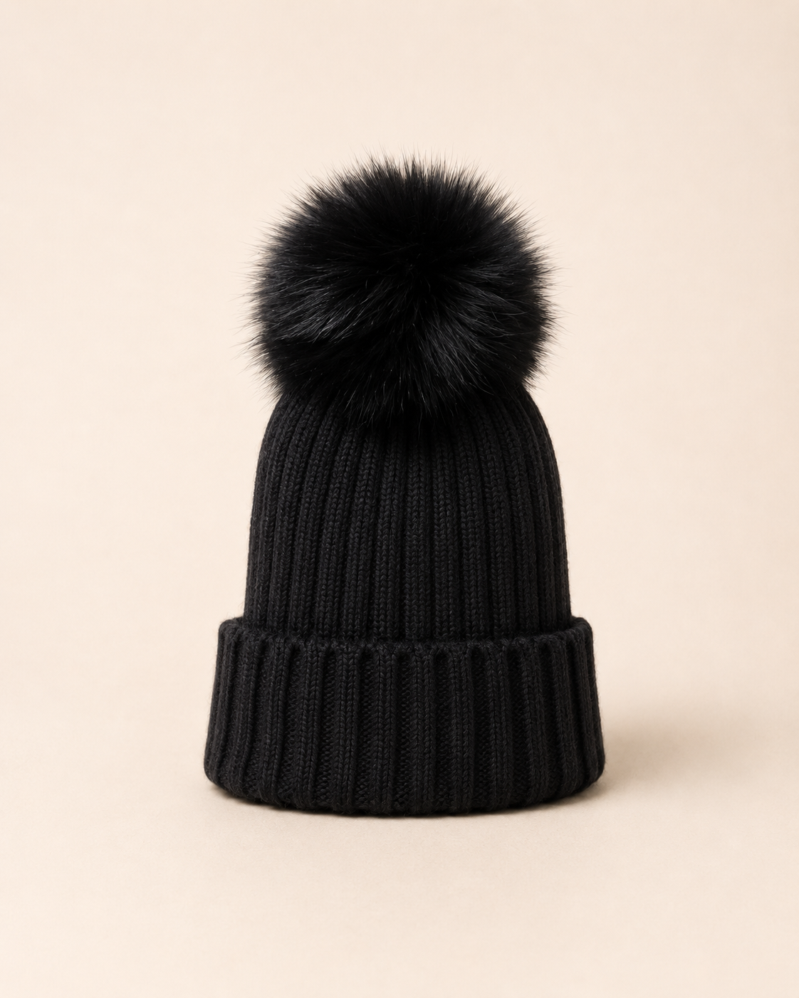 Woolsy Kids Knitted Pompom Hat - Black with Black Fox Pompom