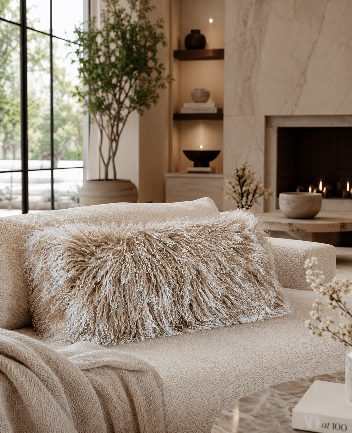 Woolsy Mongolian Sheepskin Pillow in Mocha Snow Top