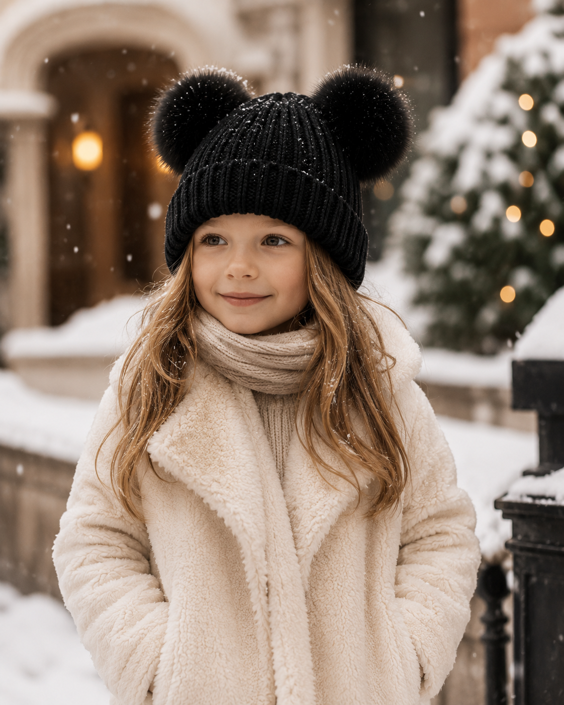 Woolsy Toddler / Kids Knitted Double Pom Pom Hat - Black with Black