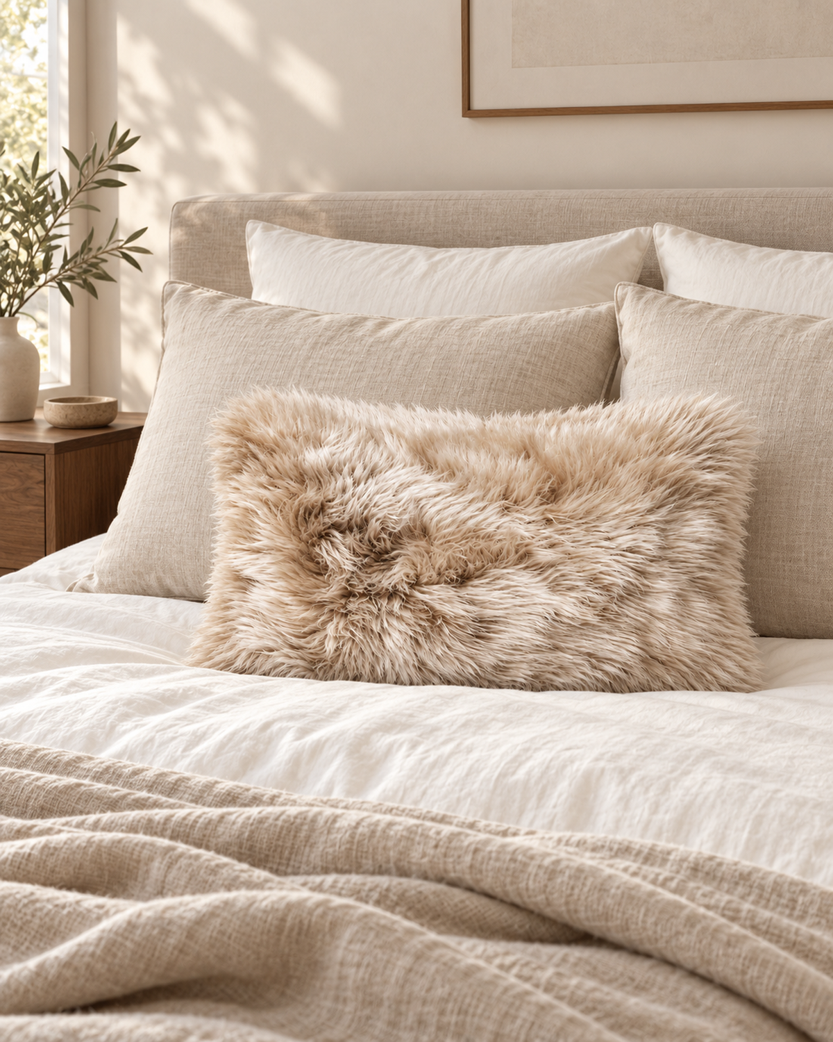 Oat Australian sheepskin cushion, 12 x 20 inches, styled on a bed
