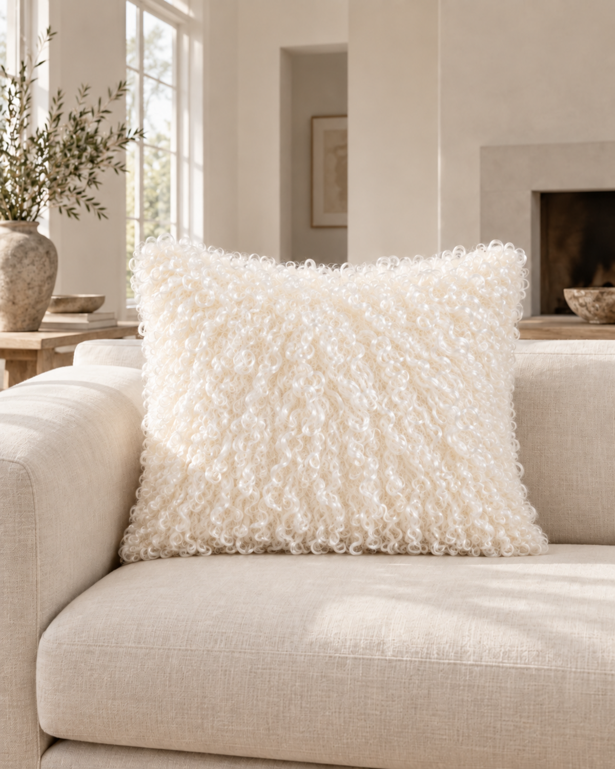 Woolsy ivory Mongolian sheepskin cushion, 24 x 24 colour-matched lifestyle shot