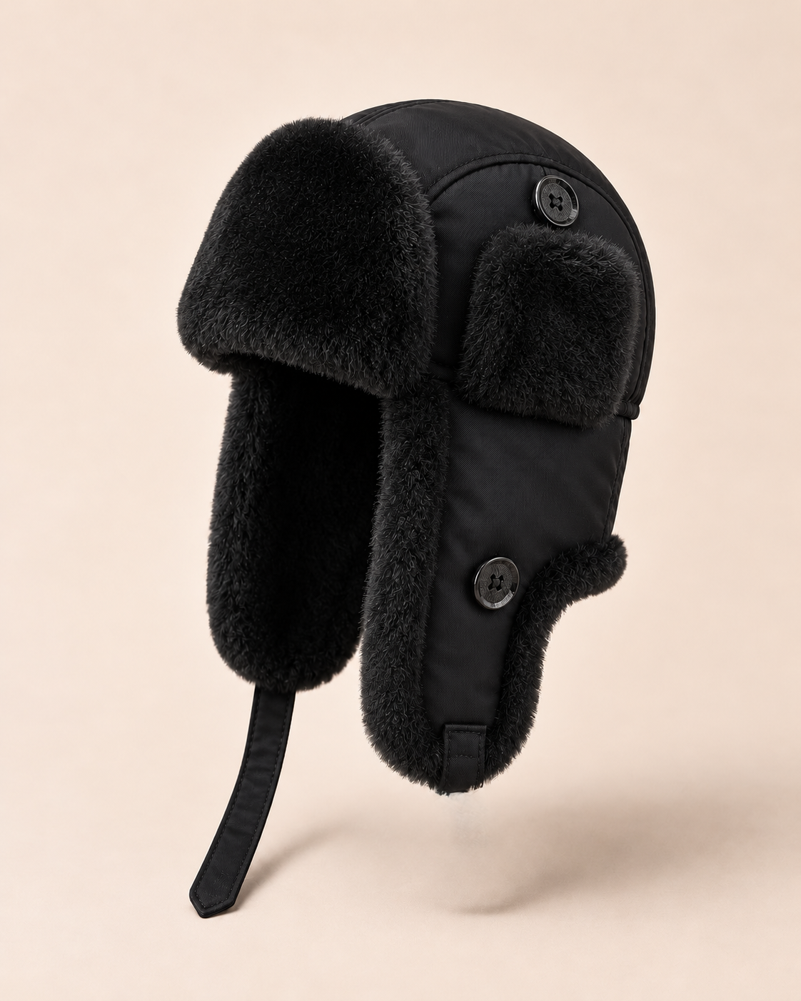 Woolsy Women's Black Nylon and Genuine Shearling Trapper Hat — product view