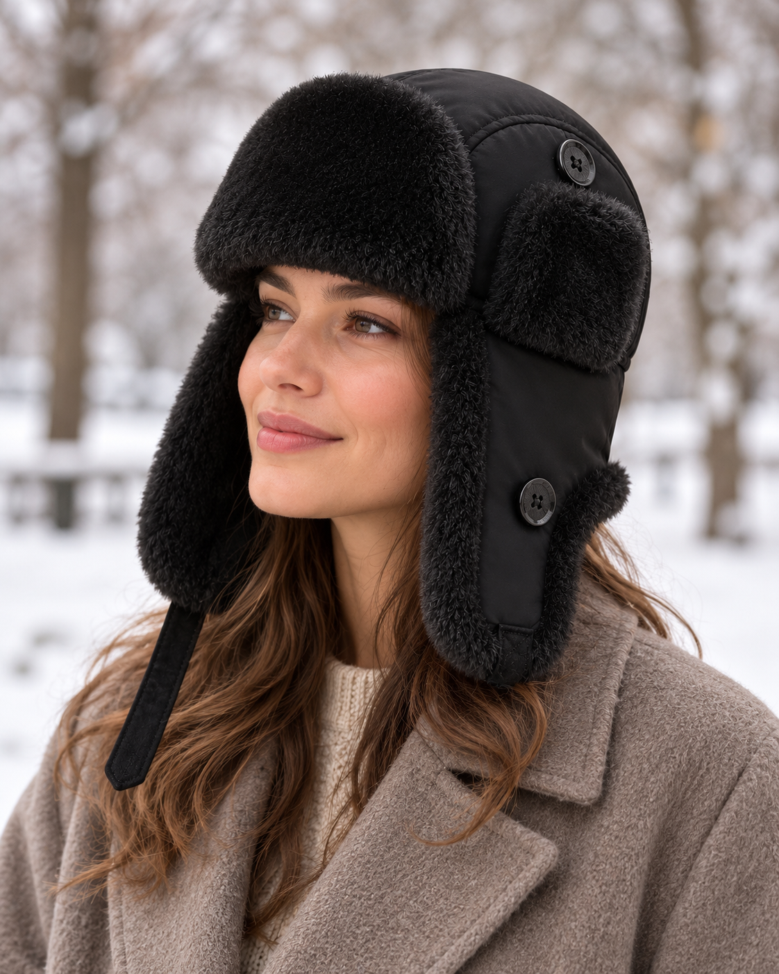 Woman wearing Woolsy black nylon and genuine shearling trapper hat outdoors