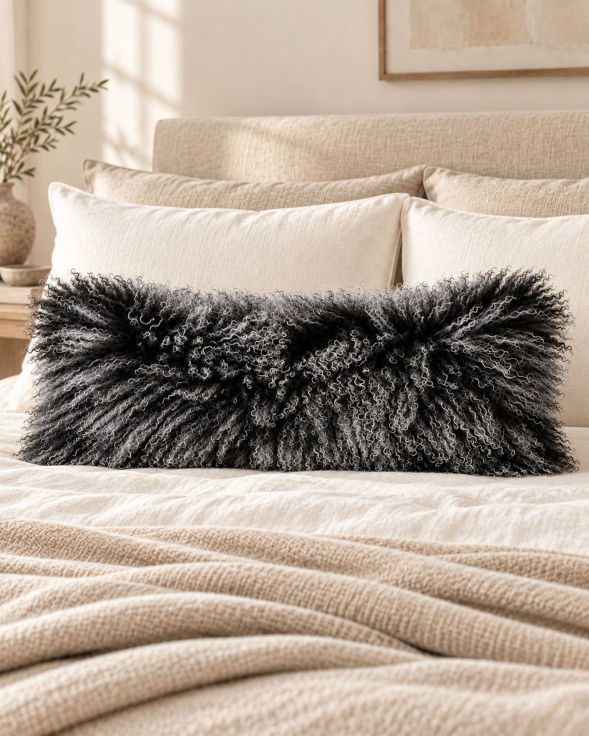 Woolsy Black Snow Top Mongolian sheepskin cushion, 12 x 32 inches, styled across an ivory bed