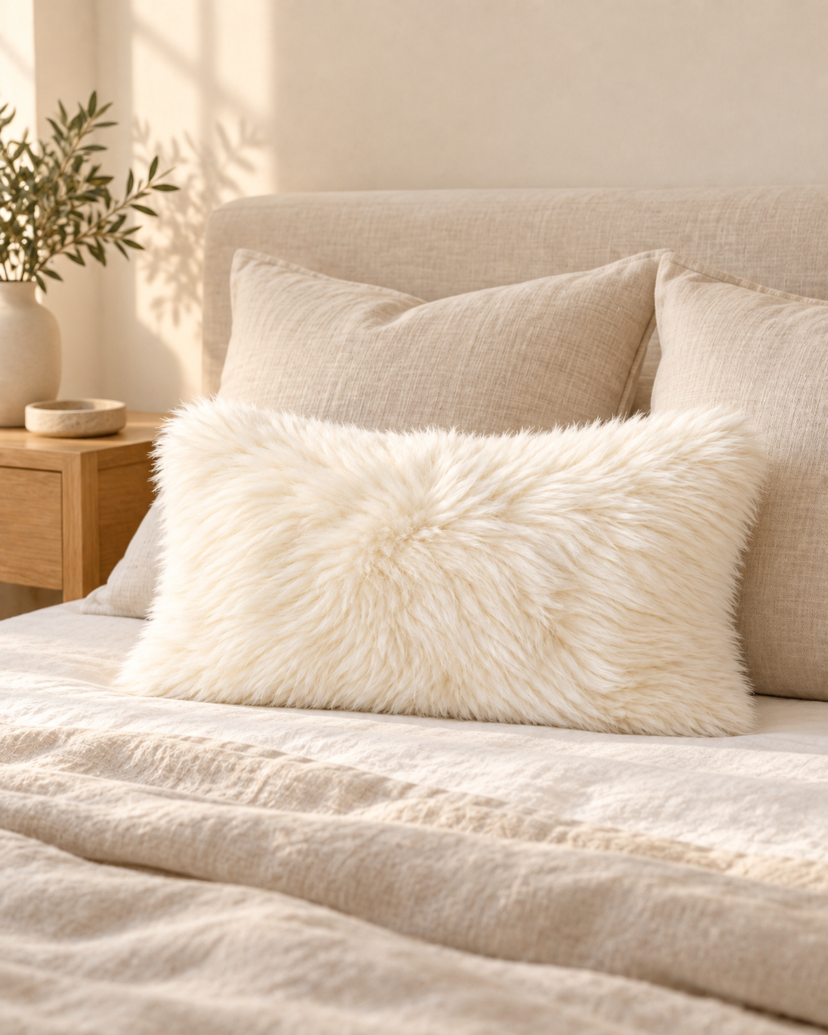 Ivory Australian sheepskin cushion, 12 x 20 inches, styled on a linen bed
