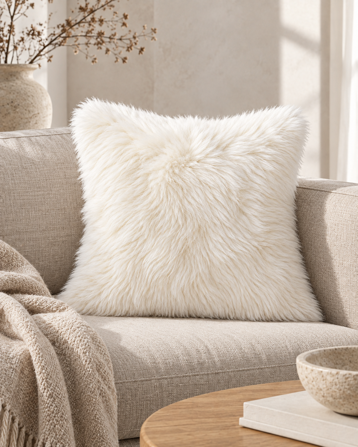 Ivory Australian sheepskin cushion, 16 x 16 inches, styled on a neutral sofa