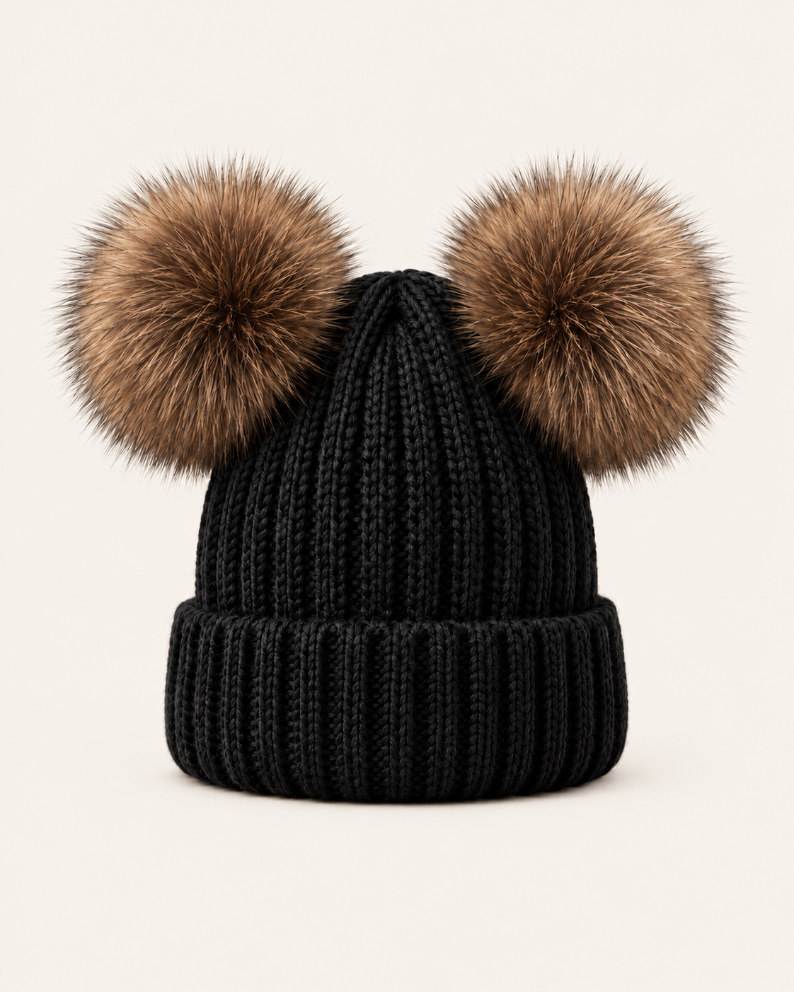 Woolsy black toddler and kids ribbed knitted hat with two brown fur pompoms