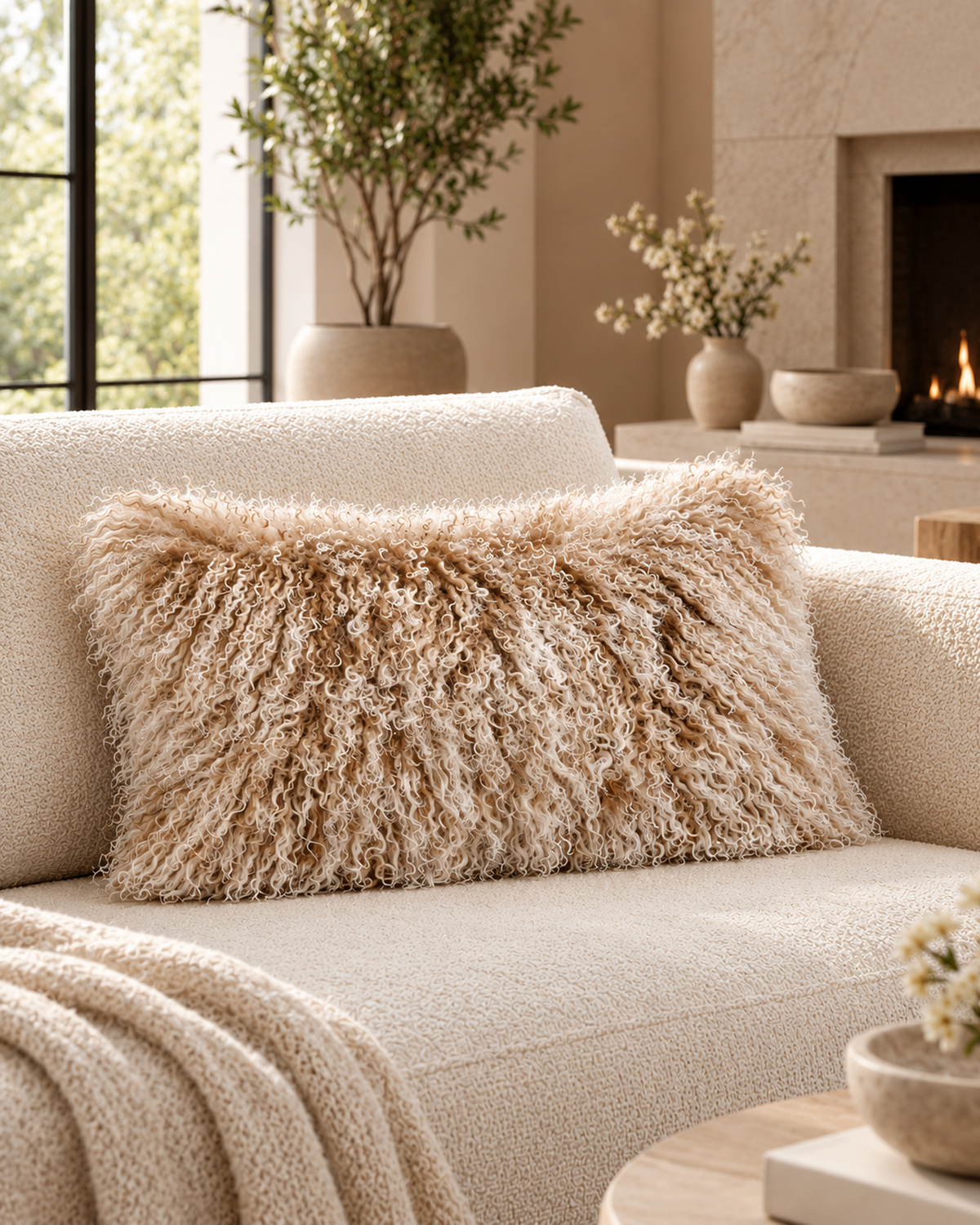 Mocha Snow Top Mongolian sheepskin cushion, 12 x 20 inches, styled on a cream sofa