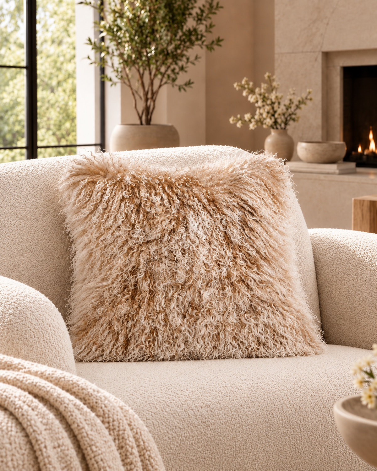 Mocha Snow Top Mongolian sheepskin cushion, 16 x 16 inches, styled on a cream armchair