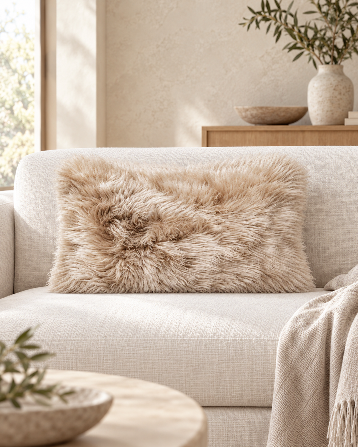 Oat Australian sheepskin cushion, 12 x 20 inches, styled on a neutral sofa