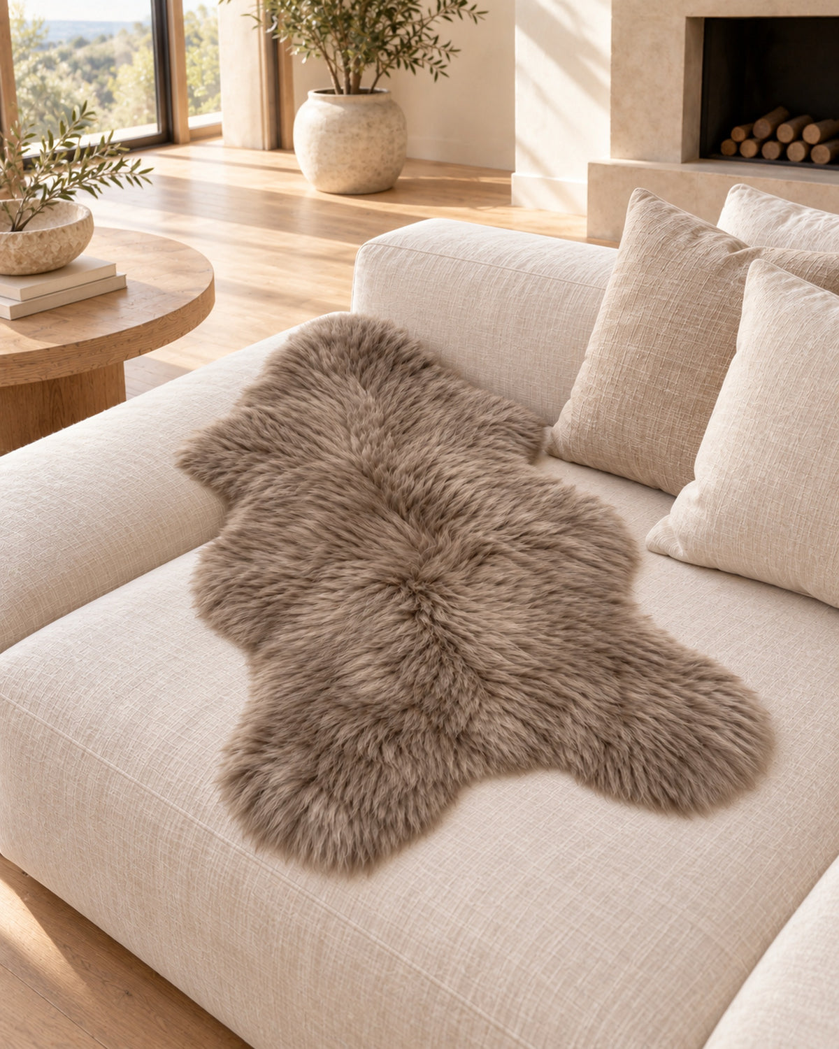 Mocha single-pelt Australian sheepskin rug across a linen sofa seat