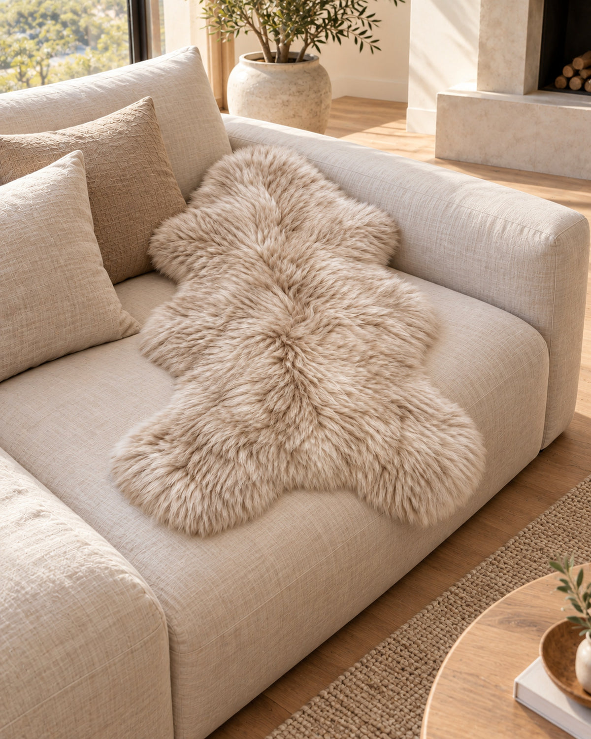Oat single-pelt Australian sheepskin rug across a linen sofa seat