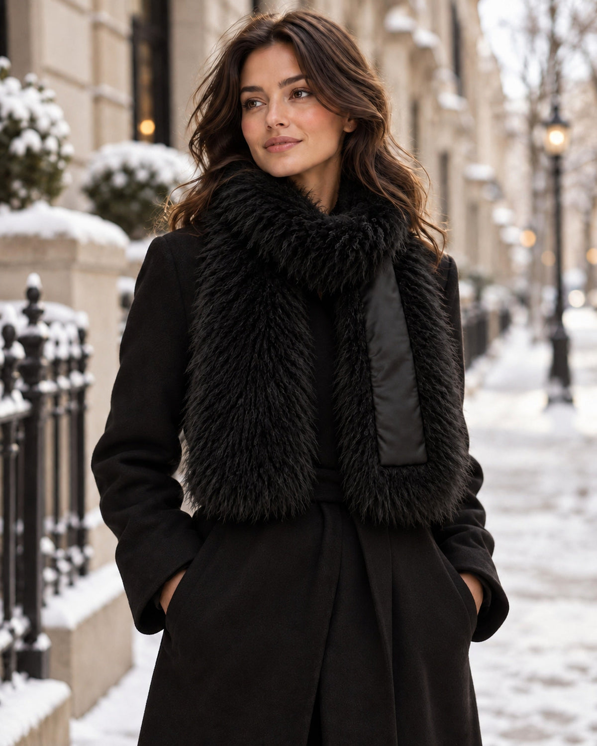 Woman wearing the Woolsy Tibet Wool Scarf in Black outdoors in winter