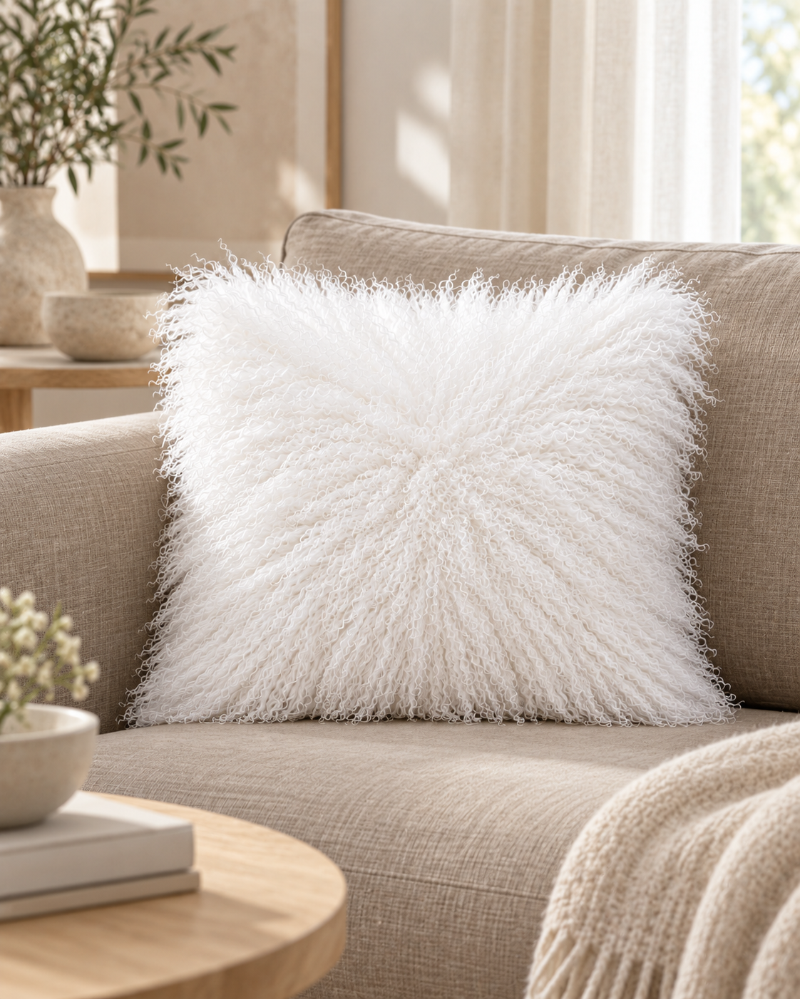 Woolsy Mongolian Sheepskin Cushion in White
