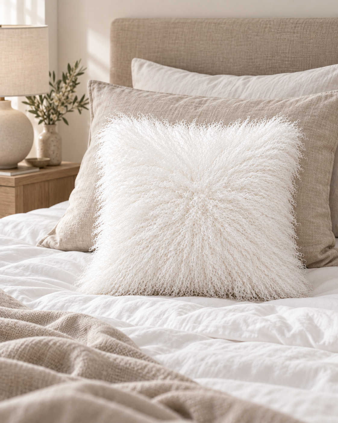 Woolsy Mongolian Sheepskin Cushion in White