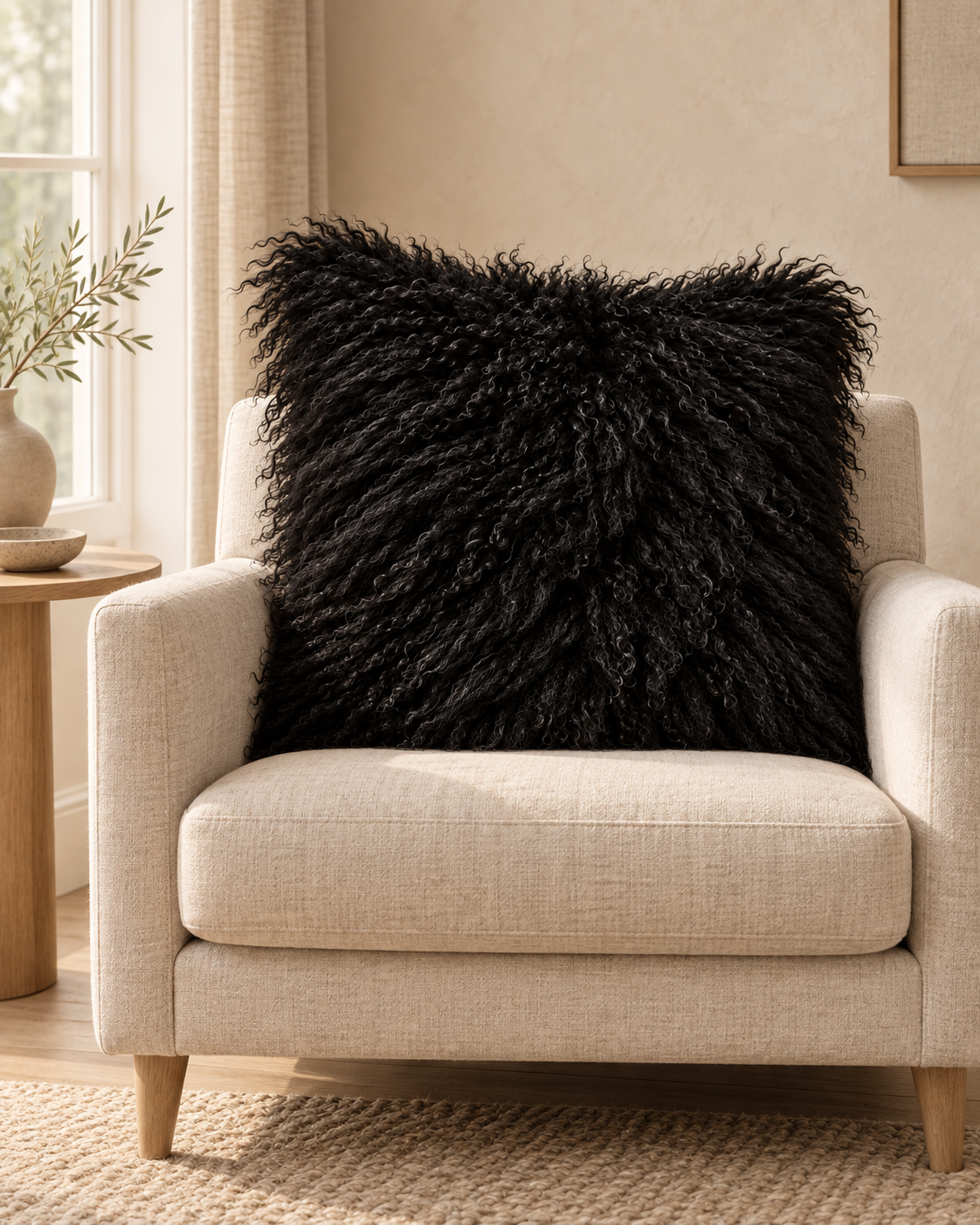 Black square Mongolian sheepskin cushion on a beige armchair