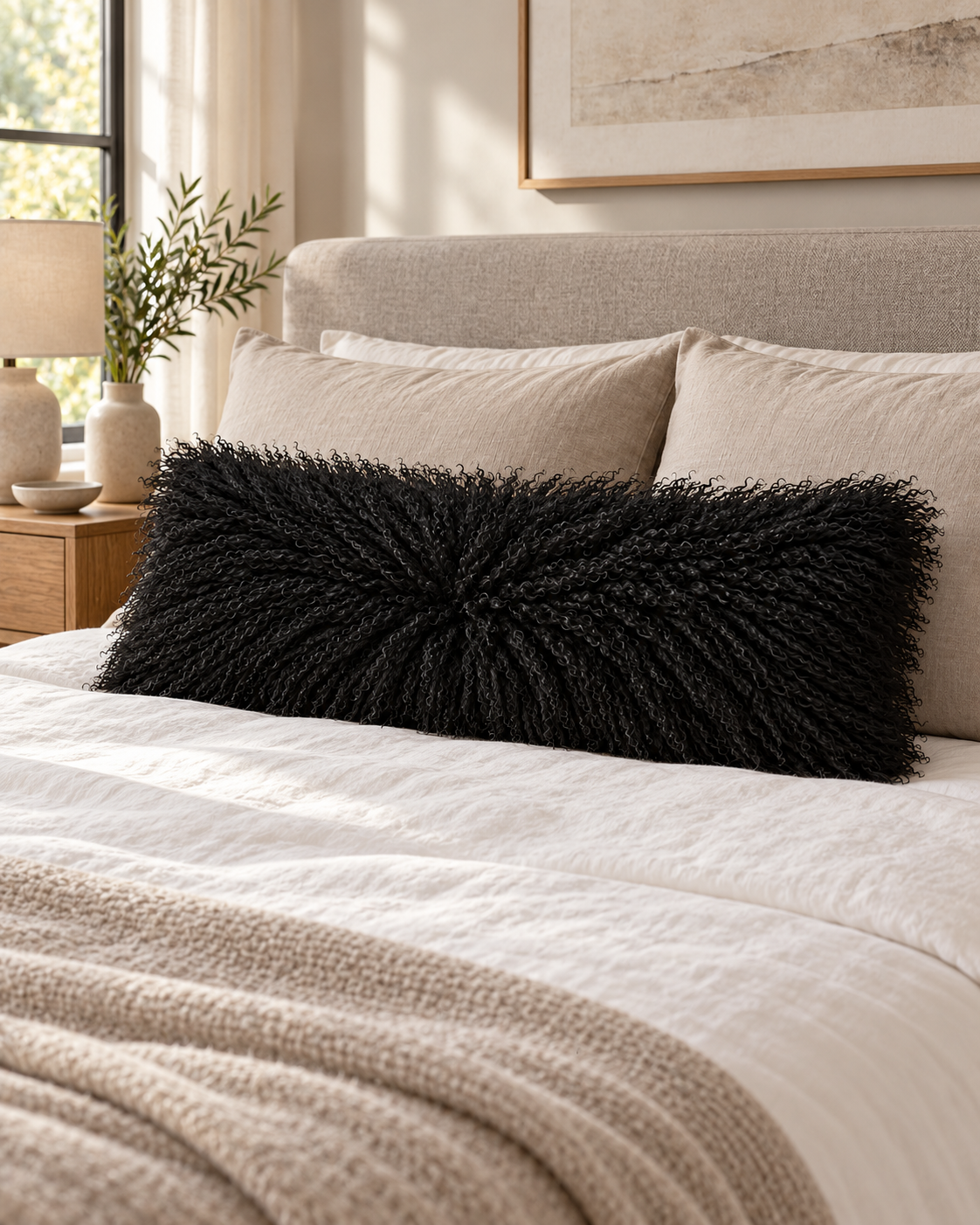 Black long rectangular Mongolian sheepskin cushion on a bed with neutral linens